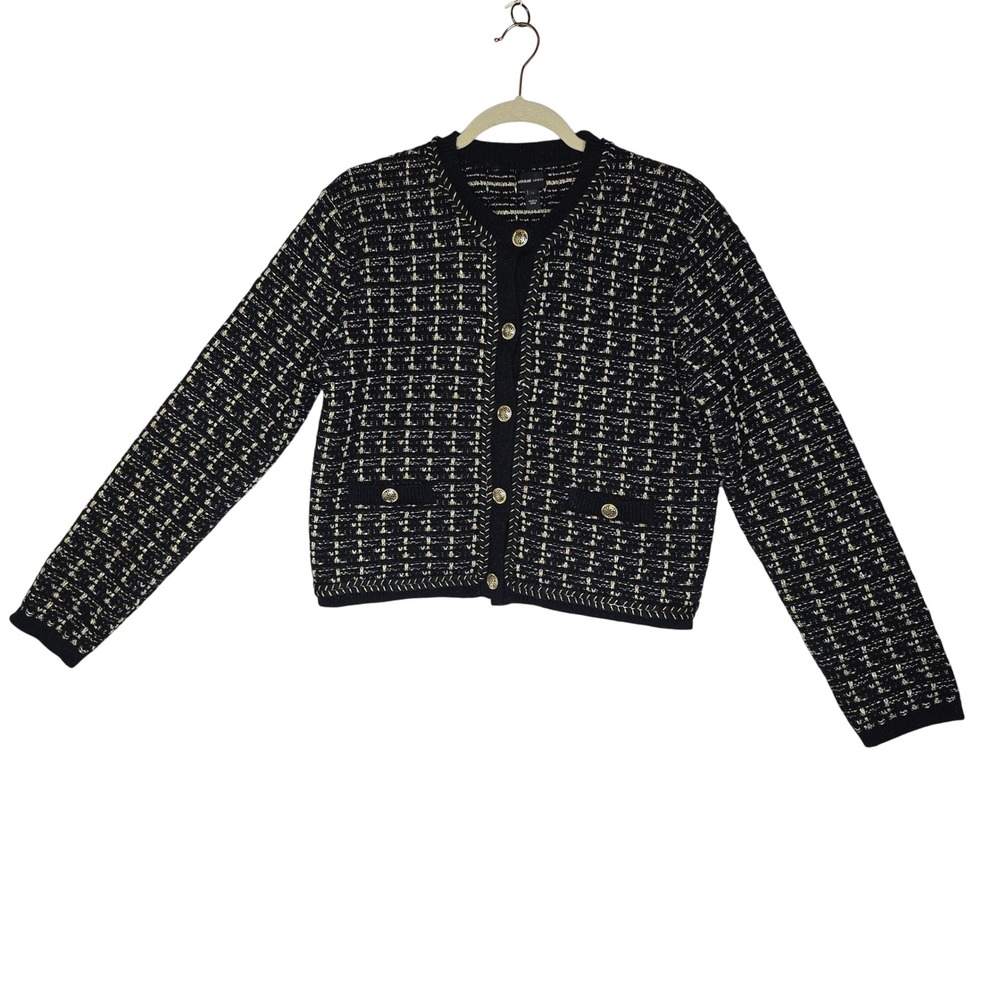 River Island‎ London US10 BlackGoldTweed Knit Cardigan Jacket Buttons FakePocket